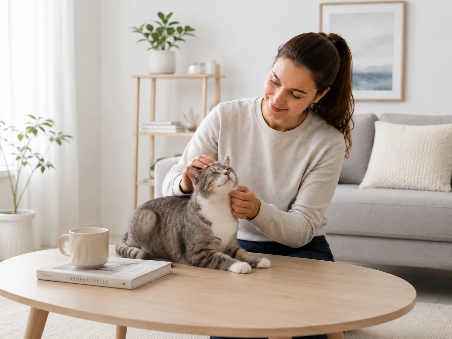Happy cat owner petting cat at home
