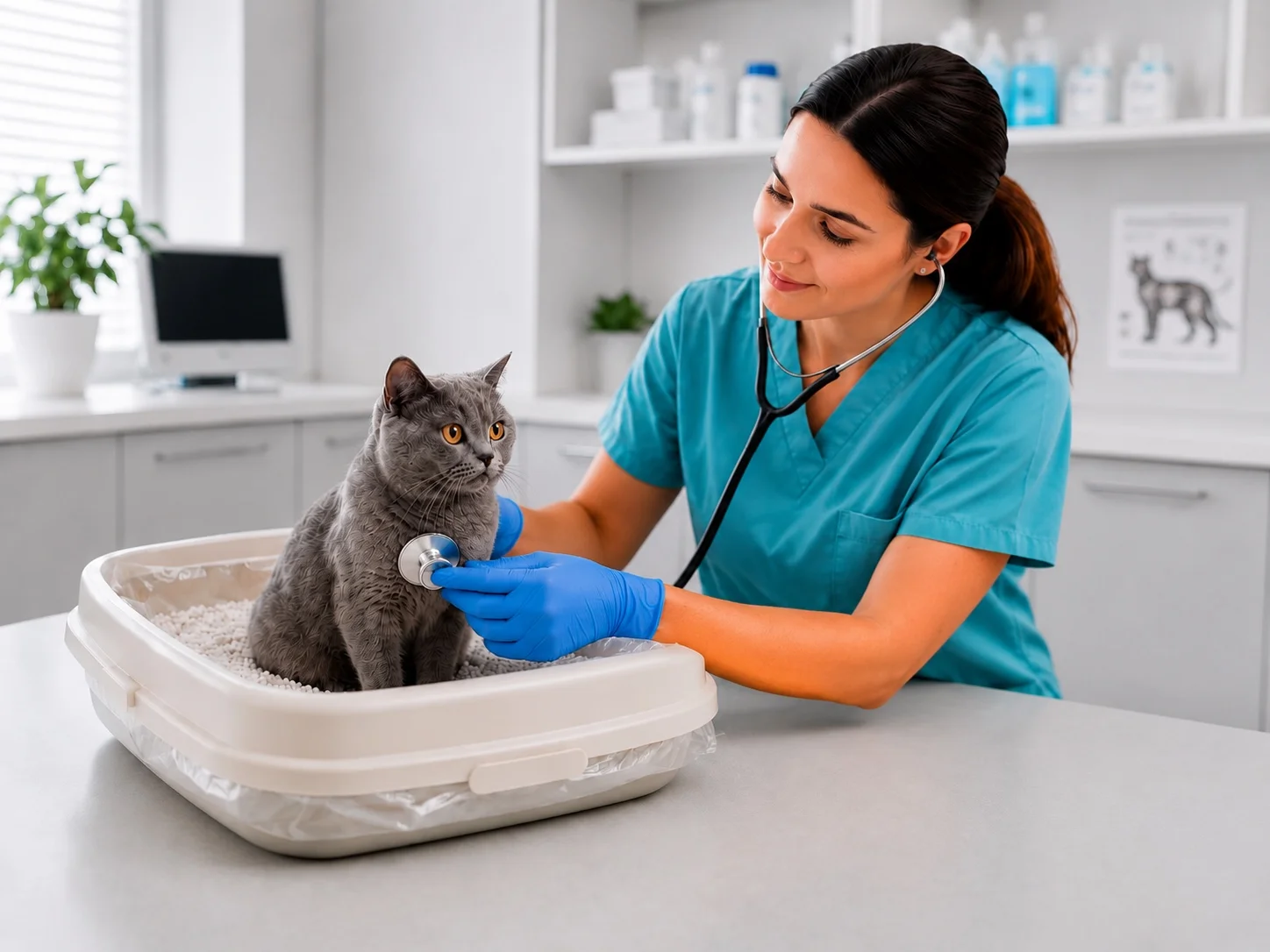 Veterinarian examining cat with stethoscope